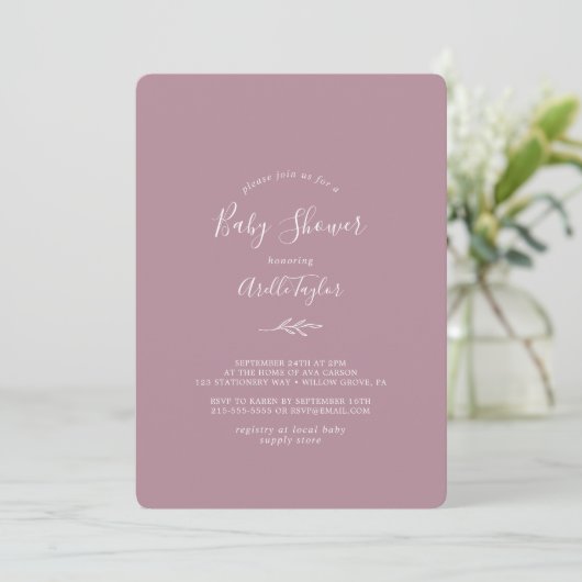Minimaal blad | Mauve Baby shower Invitation Kaart (Staand voorkant)