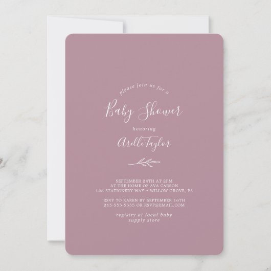 Minimaal blad | Mauve Baby shower Invitation Kaart (Voorkant)