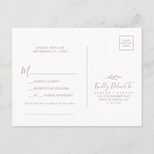 Minimaal blad | Mauve Song Aanvraag RSVP Briefkaar Uitnodiging Briefkaart (Achterkant)