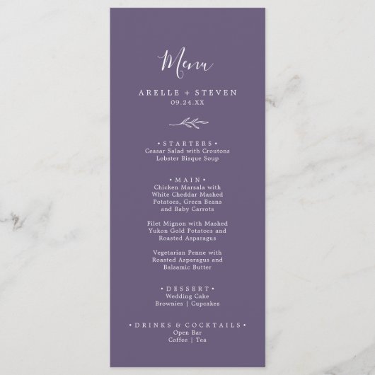 Minimaal blad | Plum Paarse bruiloft diner menu (Voorkant)