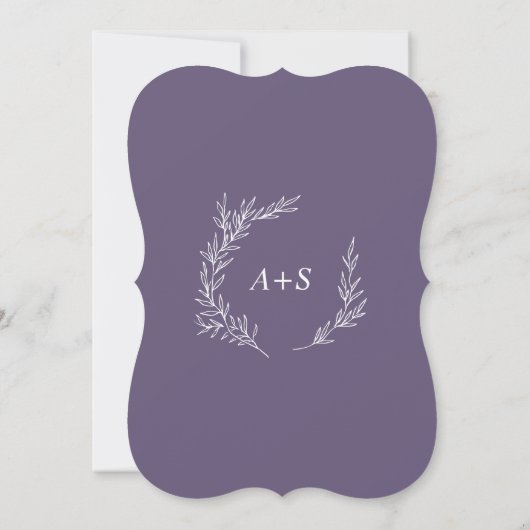 Minimaal blad | Plum Paarse Monogram Terug Bruilof Kaart (Achterkant)