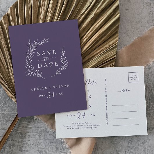 Minimaal blad | Plum Paarse Save the Date Uitnodiging Briefkaart