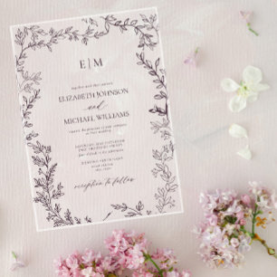 Minimaal blad pruim paars elegant monogram trouwfe acryl uitnodigingen
