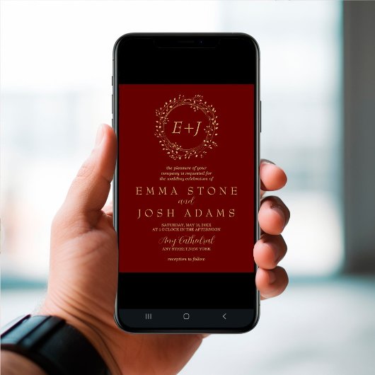 Minimaal blad | Rode Formele Monogram Bruiloft Kaart