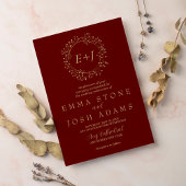 Minimaal blad | Rode Formele Monogram Bruiloft Kaart