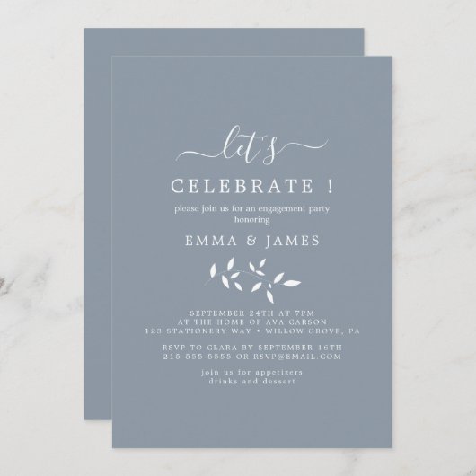 Minimaal blad | Stofblauw "Laten we het vieren"  Kaart (Voorkant / Achterkant)