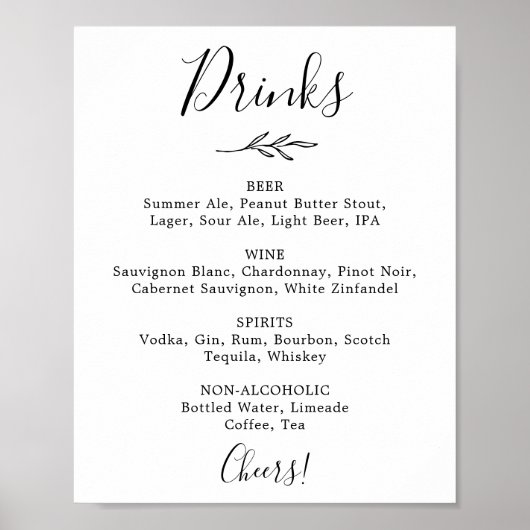 Minimaal blad | Zwart-wit bruiloft Drinken Menu Poster (Voorkant)