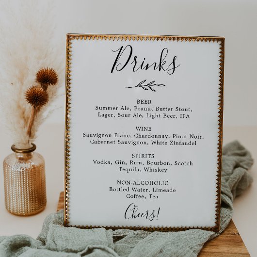 Minimaal blad | Zwart-wit bruiloft Drinken Menu Poster