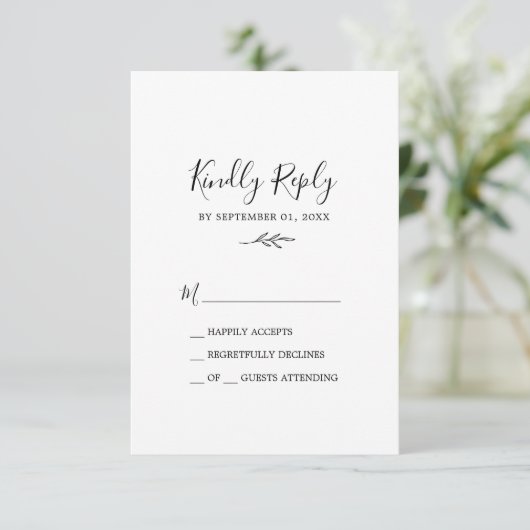 Minimaal blad | Zwart-wit eenvoudige RSVP-kaart RSVP Kaartje (Staand voorkant)