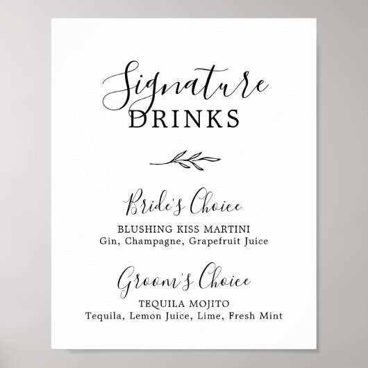 Minimaal blad | Zwart-wit Signature Drinken Poster (Voorkant)