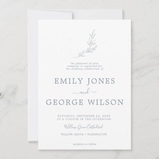 Minimaal bladblauw en wit plechtig monogram huweli kaart (Voorkant)