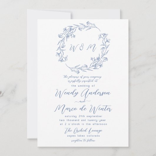 Minimaal blauw en wit Boho Botanische bruiloft Kaart (Voorkant)