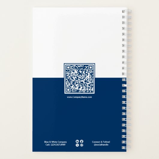 Minimaal blauw en wit motto voor kleine bedrijven notitieboek (Achterkant)
