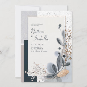 Minimaal Blauw Grijs Goud Botanische Glitter Bruil Kaart
