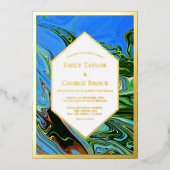 Minimaal blauw groen Abstract schilderend weddensc Folie Uitnodiging (Voorkant)