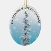 Minimaal blauw ijzig zilver sprankelend evergreen keramisch ornament (Rechts)