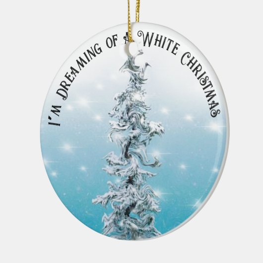 Minimaal blauw ijzig zilver sprankelend evergreen keramisch ornament (Links)