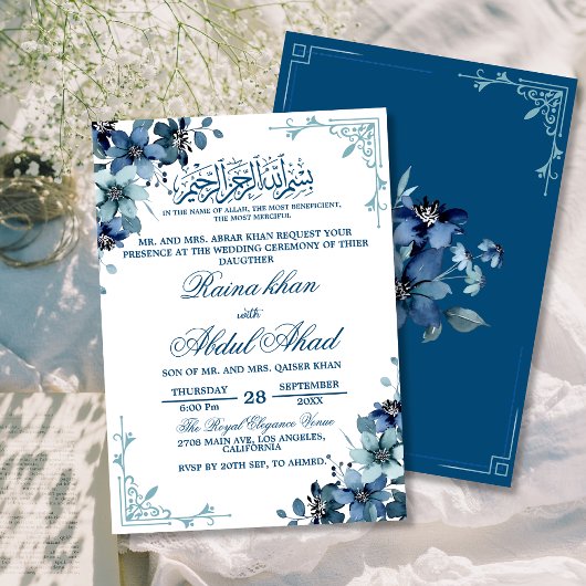 Minimaal Blauw Wit Bloemen Islamitisch Moslim Brui Kaart