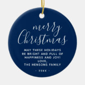 Minimaal blauw wit maakt prettig kerstscript keramisch ornament (Voorkant)