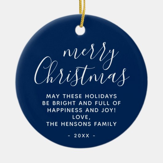 Minimaal blauw wit maakt prettig kerstscript keramisch ornament (Voorkant)