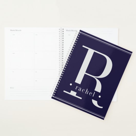 Minimaal blauw-wit monogram planner (Display)