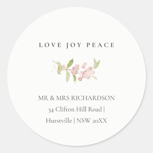 MINIMAAL BLUSH ROOS PINK LOVE PEACE JOACE ADRES RONDE STICKER (Voorkant)