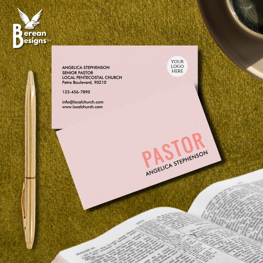 Minimaal Blush Roze Logo QR Code PASTOR Visitekaartje