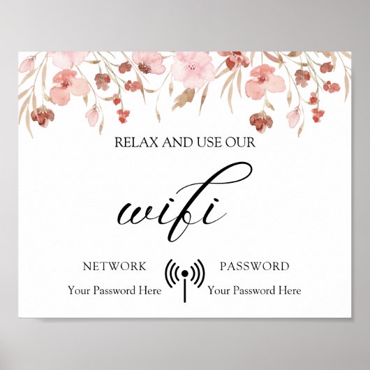 Minimaal Boho Floral Wedding Wifi Poster (Voorkant)
