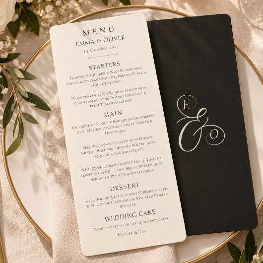 Minimaal Boho Zwart Ivoren Trouwmenu Menu