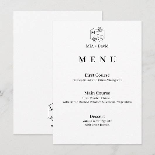 Minimaal Botanisch Elegant Monogram Trouwfeest Menu (Voorkant / Achterkant)