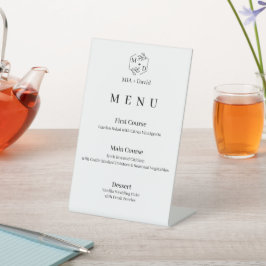 Minimaal botanisch elegant monogram trouwmenu reclamebord met voetstuk
