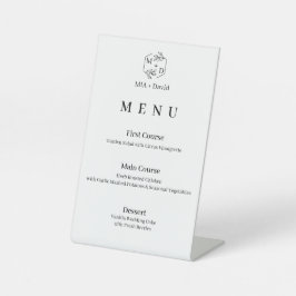 Minimaal botanisch elegant monogram trouwmenu reclamebord met voetstuk