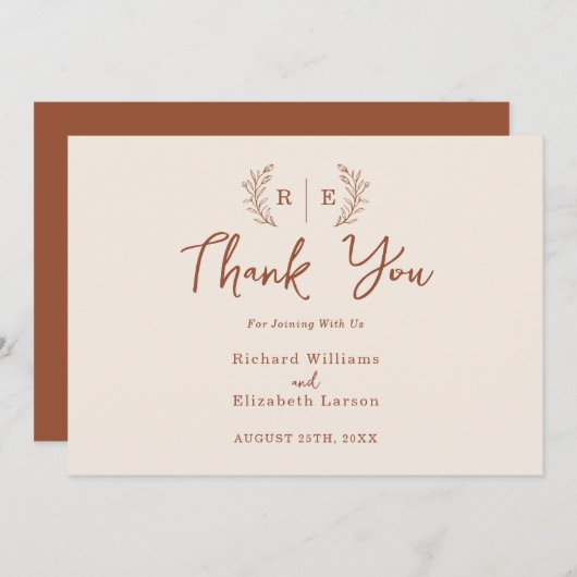 Minimaal botanisch kransmonogram bedankkaart (Voorkant / Achterkant)