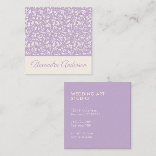 Minimaal Botanisch Paarse Bladeren Patroonscript Vierkante Visitekaartje (Voorkant / Achterkant)