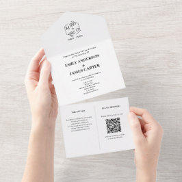 Minimaal botanisch QR-code monogram trouwfeest All In One Uitnodiging