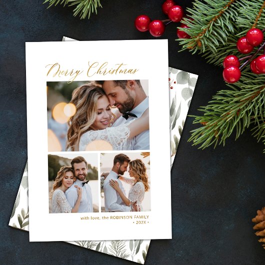 Minimaal Botanisch Script 3 Multi Photo Christmas Feestdagenkaart
