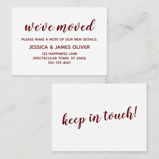 Minimaal Bourgondië op witte "we hebben verplaatst Visitekaartje (Voorkant / Achterkant)