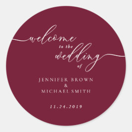 Minimaal Burgundy Signature font Welcome to Weddin Ronde Sticker