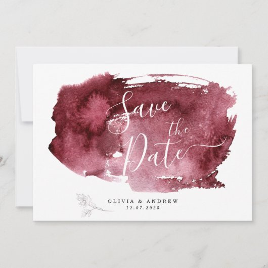 MINIMAAL BURGUNDY WATERVERF BOTANICAL WEDING SAVE THE DATE (Voorkant)