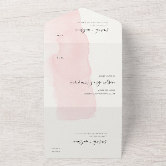 MINIMAAL BWATERCOLOOR BLUSH PINK MONOGRAM WEDING ALL IN ONE UITNODIGING (Buitenkant)