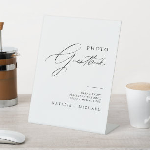 Minimaal Calligrafiet Weddenschap Foto Guestbook Reclamebord Met Voetstuk