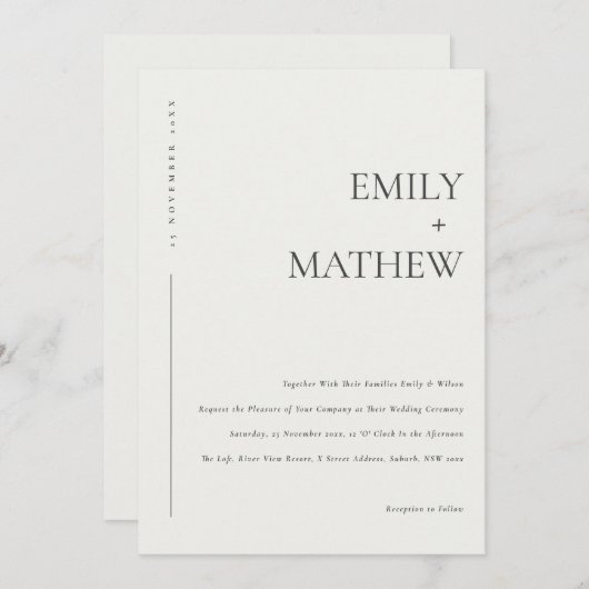 MINIMAAL CHIC BLACK IVORY WHITE TYPOGRAPHY WEDING KAART (Voorkant / Achterkant)