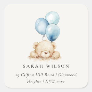 Minimaal Chic Blue Bearly Wachtballon Adres Vierkante Sticker