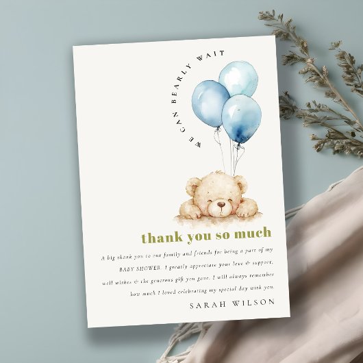 Minimaal Chic Blue Bearly Wachtballon Baby shower Bedankkaart