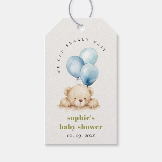 Minimaal Chic Blue Bearly Wachtballon Baby shower Cadeaulabel (Voorkant)