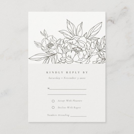 Minimaal Chic Brown Floral Sketch Wedding RSVP Informatiekaartje (Voorkant)