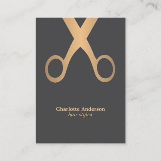 Minimaal Chic Gray Faux Gold Scissor Hair Stylist Visitekaartje (Voorkant)
