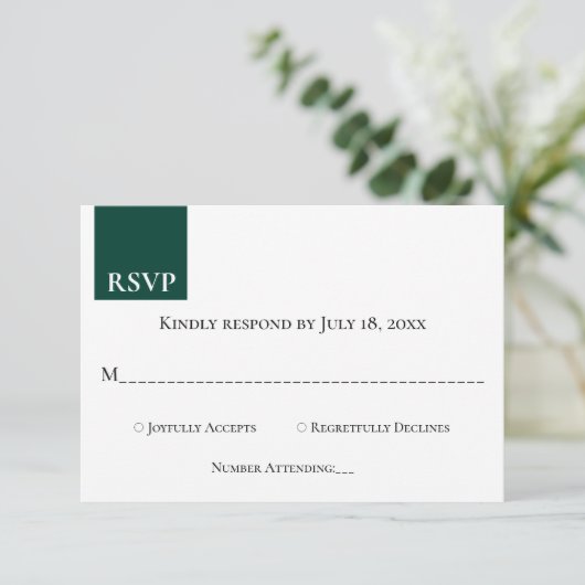 Minimaal Chic Monogram Emerald Green Modern Weddin RSVP Kaartje (Staand voorkant)