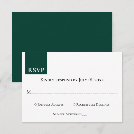 Minimaal Chic Monogram Emerald Green Modern Weddin RSVP Kaartje (Voorkant / Achterkant)