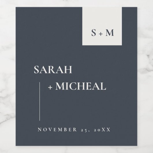 MINIMAAL CHIC SCANDI BLACK & WHITE MONOGRAM WEDING WIJN ETIKET (Enkel label)